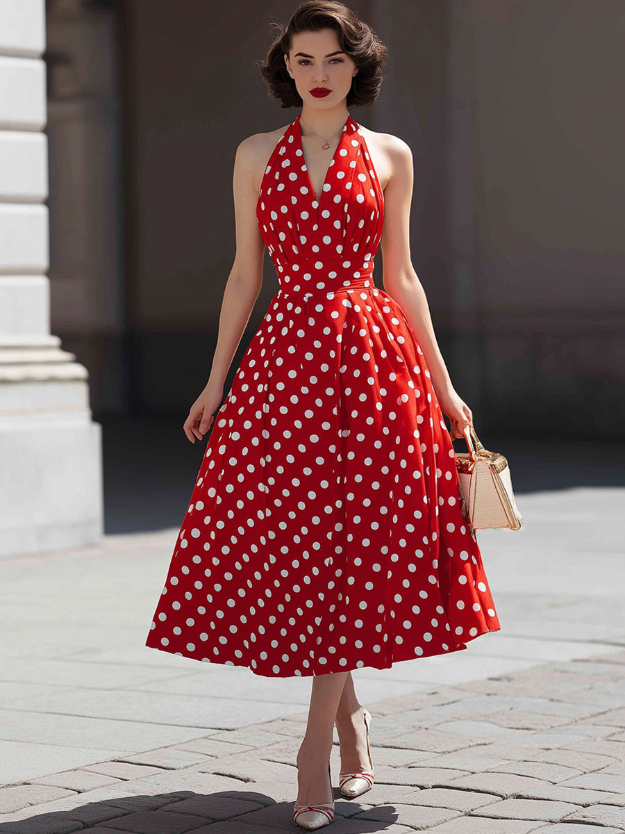 Halter V-Neck Polka Dot A-Line Midi Dress
