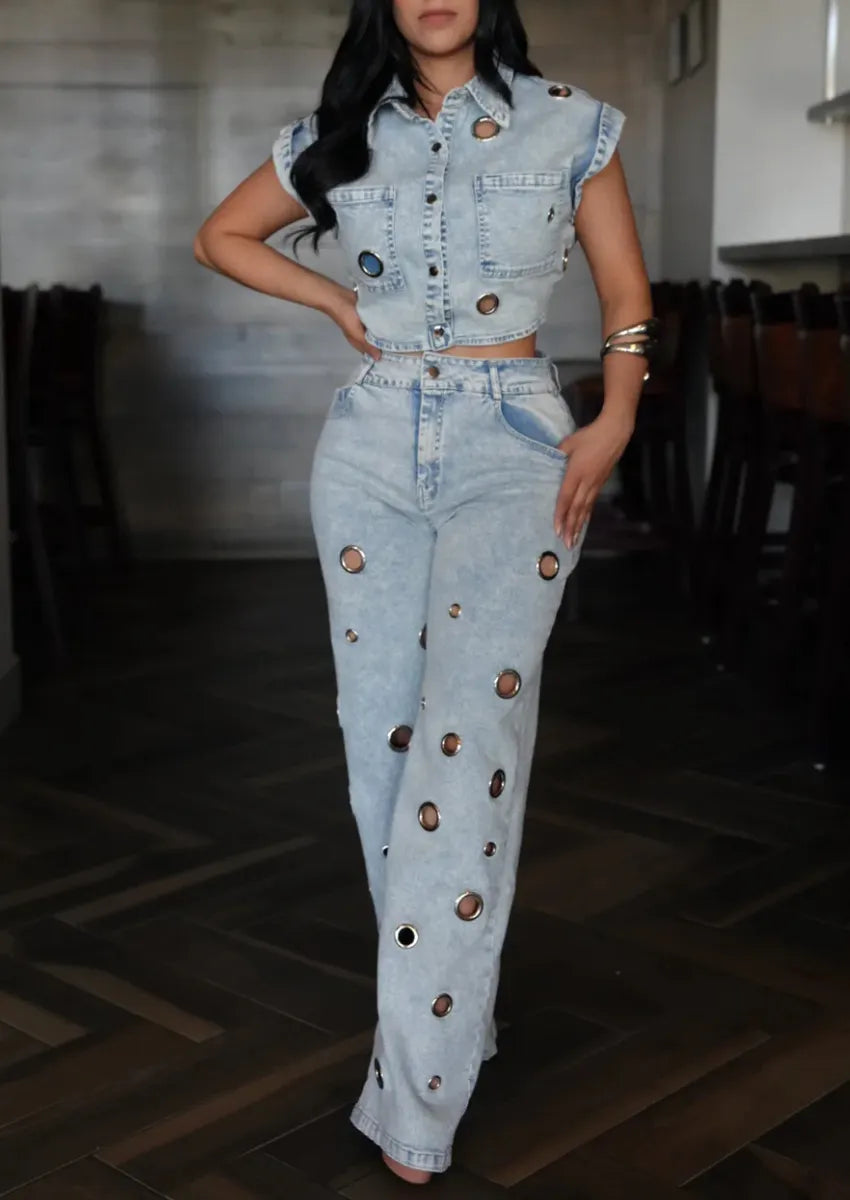 Women's Sleeveless Collared Denim Eyelet Two-Piece Set