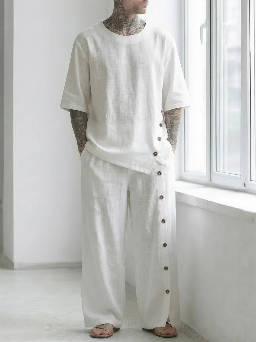 Men's White Linen Side Button Asymmetric Hem Wide Leg Two Piece Set