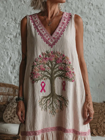 Women's Tree Of Life Pink Ribbon Embroidery V Neck Tank Midi Dress