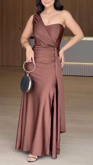 Brown Satin One-Shoulder Maxi Dress