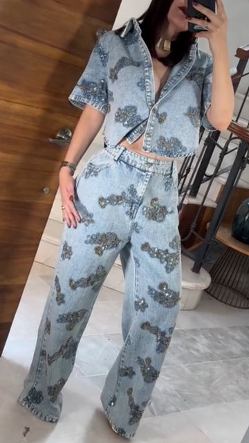 Style Rhinestone Floral Embellished Cropped Denim Shirt & Wide Leg Jean Two Piece Set