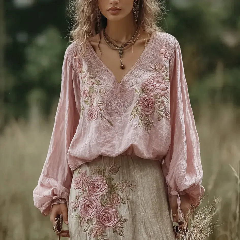 Bohemian Retro Countryside Plant Flower Pattern V-neck Top