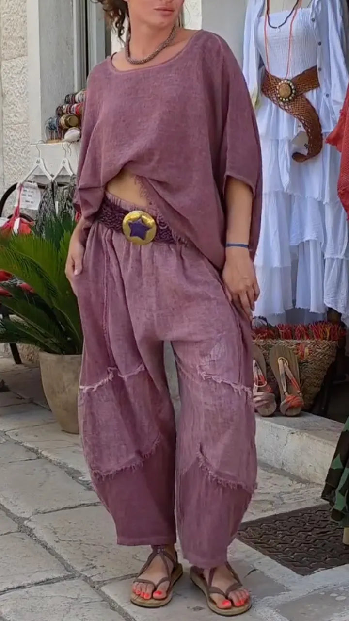 Mauve Frayed Linen Two Piece Set