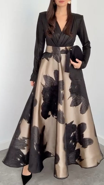 Black Beige Floral Print Maxi Dress