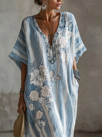 Butterfly Flower Embroidery Patchwork Striped Design Women's Summer Linen Dress