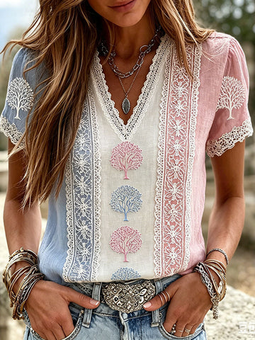Women's Romantic Tree Of Life Color Block Art Flowy Casual T-shirt
