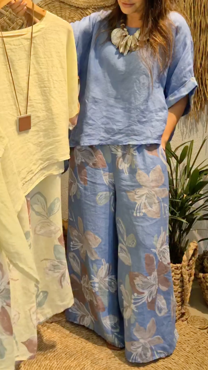 Round Neck Linen Floral Print Wide Leg Pants Set