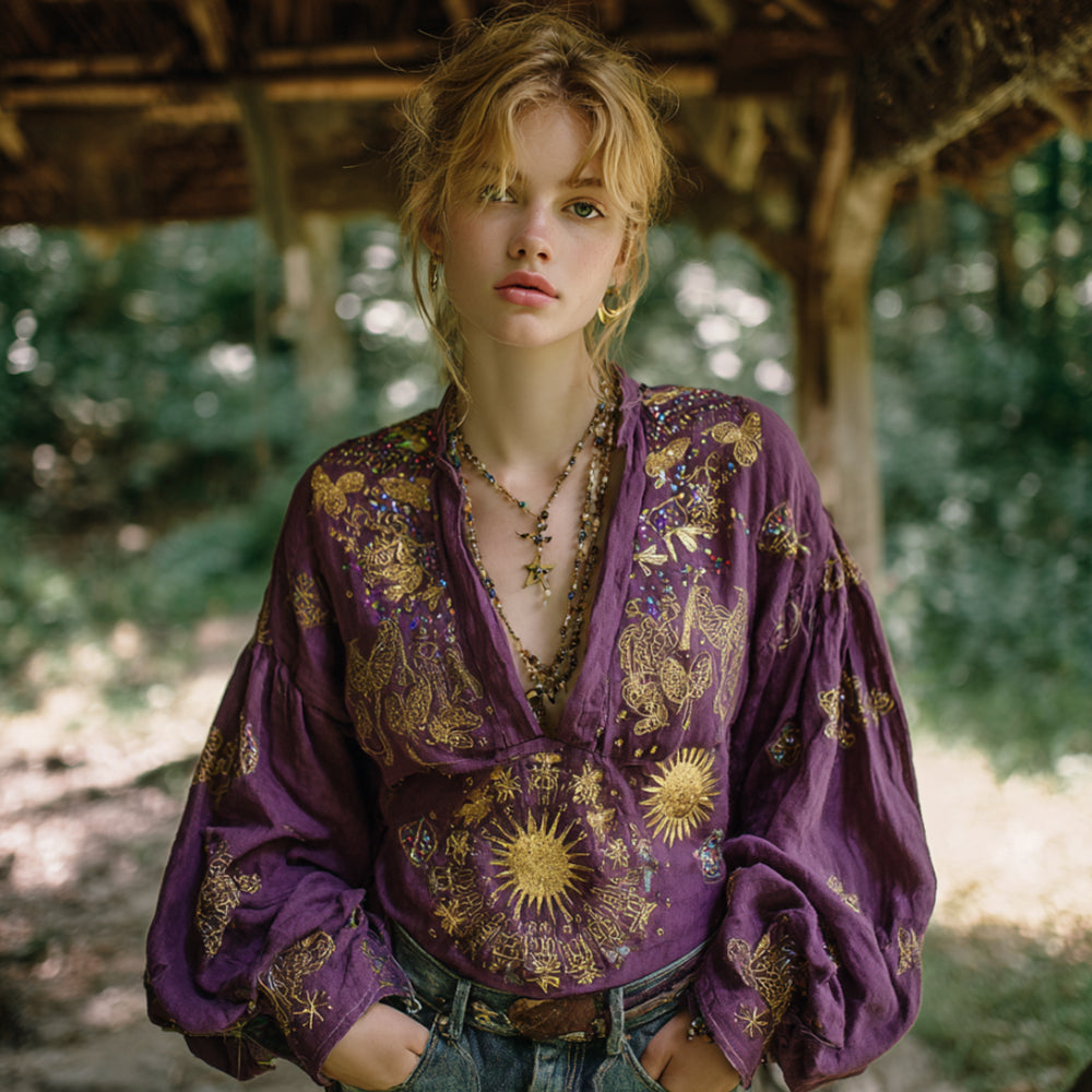 Mysterious Sun And Moon Art V-neck Linen Top
