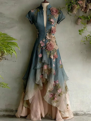Women's Elegant Gradient Flowers Embroidery Irregular Ruffle Maxi Dress