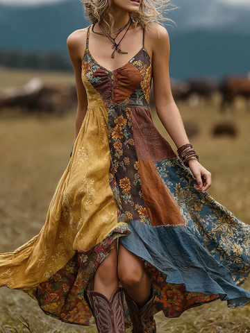 Retro Plant Flower Pattern Color Block Design Dress