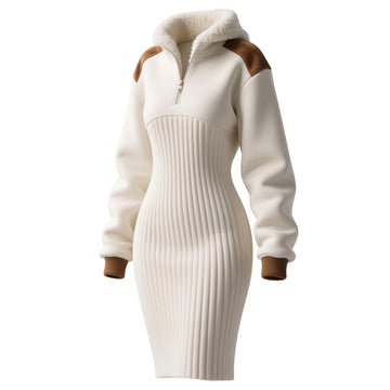 Women's Contrast Color Stitching Suede Lambswool Lapel Hooded Long Sweatshirt