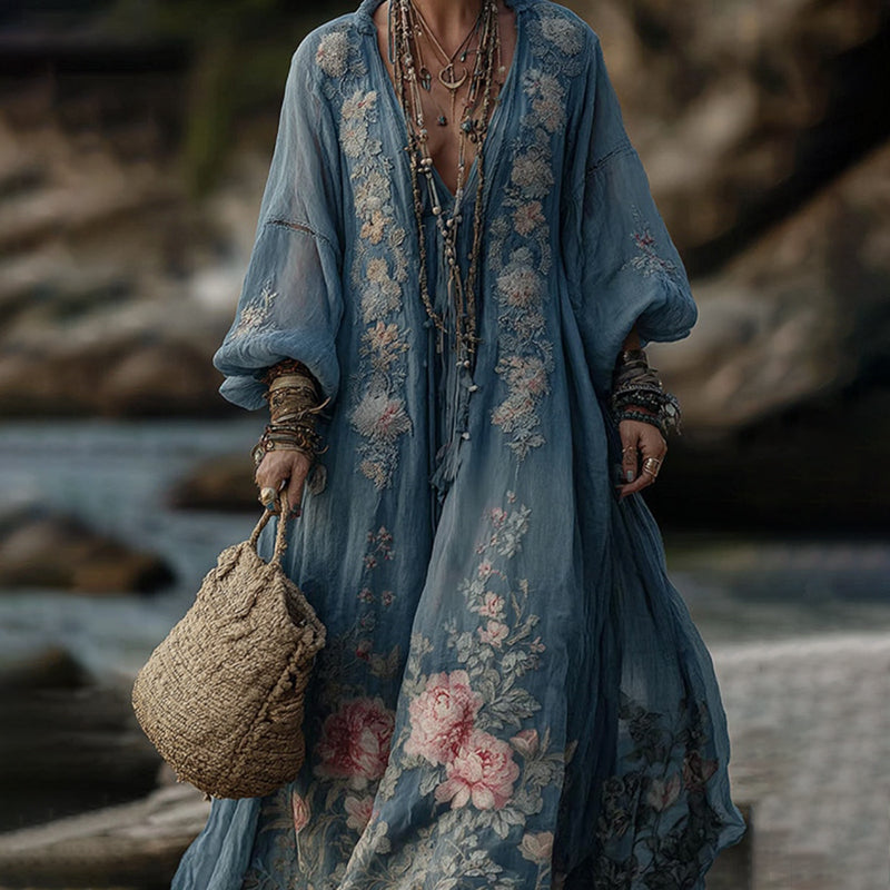 Vintage Floral Embroidered V Neck Comfy Maxi Dress