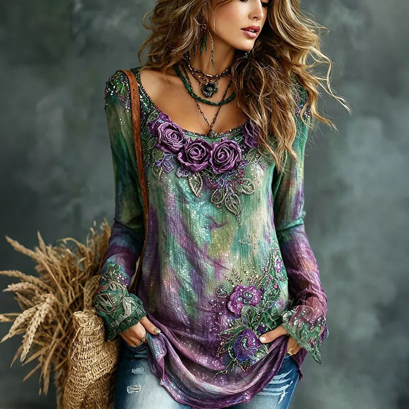 Women's Romantic Floral Art Linen Blend Long Sleeve Tops