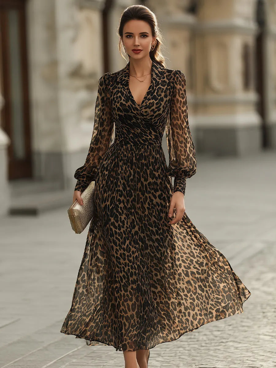Leopard Print Wrap Midi Dress With Long Sleeves