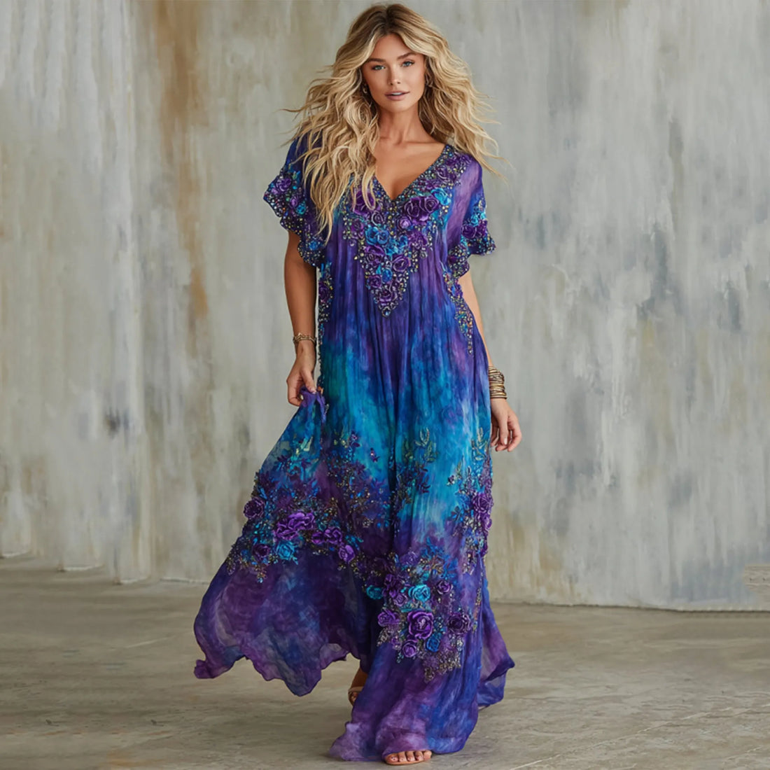 Women's Floral Embroidery Gradient Casual V-neck Dress