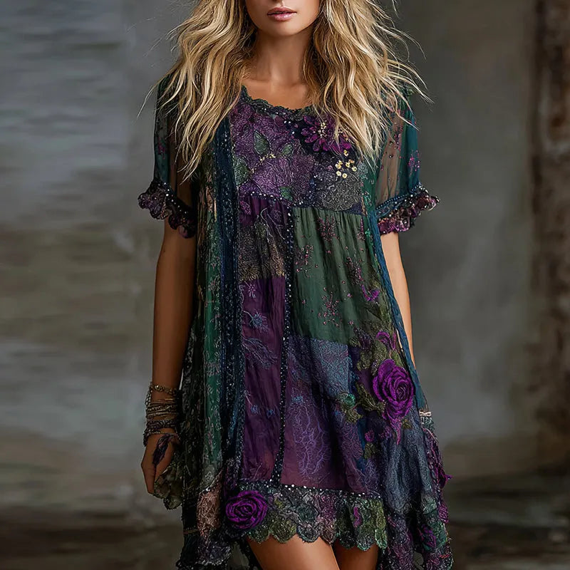 Women's Vintage Floral Art Linen Blend Short Sleeve Dress