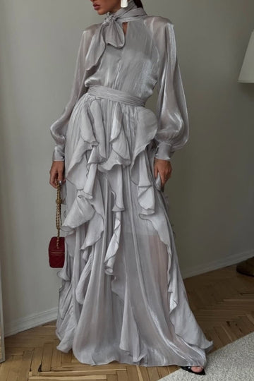 Silver Grey Tie Neck Ruffle Hem Chiffon Maxi Dress