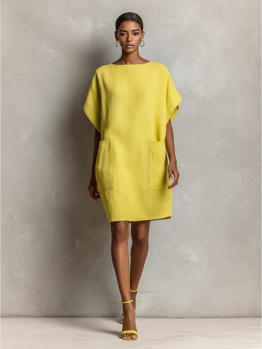 Women’s Lime Yellow Linen-Blend Batwing Sleeve Patch Pocket Shift Dress MDZ2671C3T