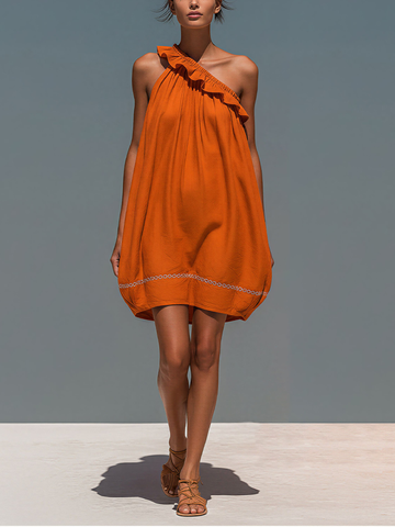 Women’s Orange Linen-Blend One-Shoulder Ruffled Mini Dress With Embroidered Hem MDZ2835D6T