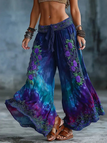 Women's Floral Art Embroidery Gradient Cotton Linen Pants