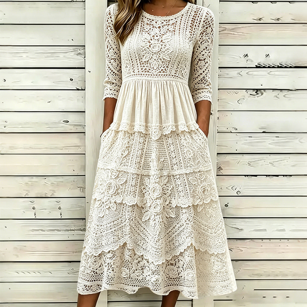 Elegant Floral Lace Embroidery Art Cozy Linen Maxi Dress