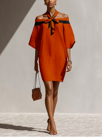Women’s Orange Off-Shoulder Mini Dress With Black Bow Neck Detail MDZ1340E3T