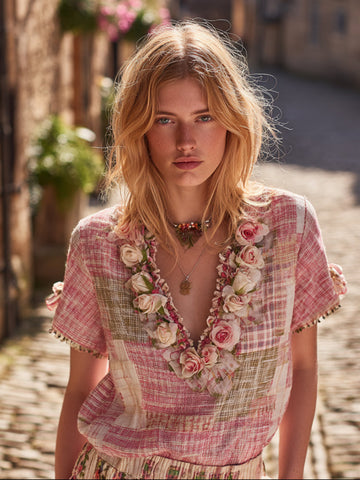 Women's Bohemian Rose Floral Print Patchwork Art Short Sleeve