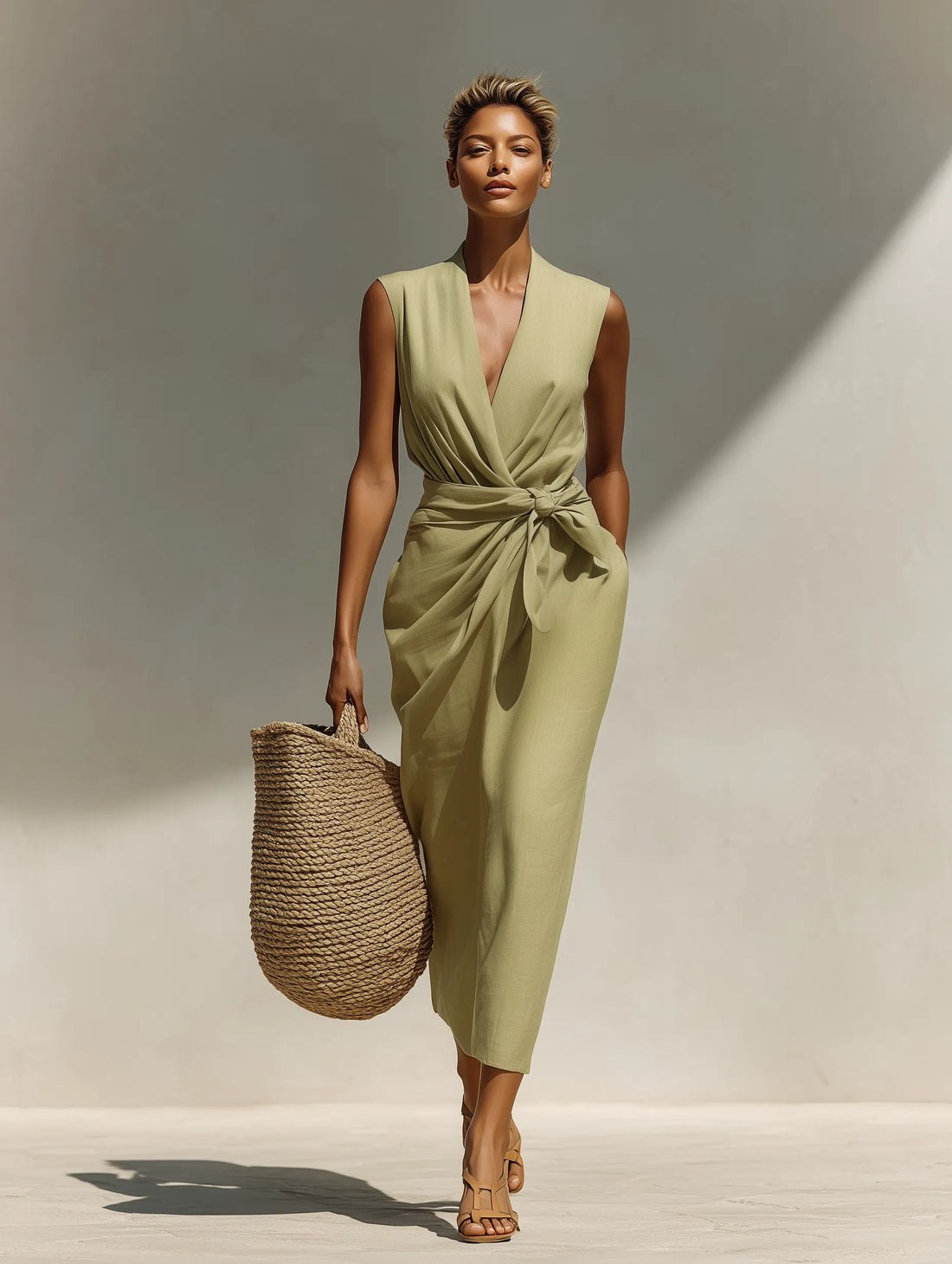 Women’s Sage Green Linen-Blend Sleeveless Wrap-Front Tie Waist Midi Dress With Pockets MDZ2721D2T