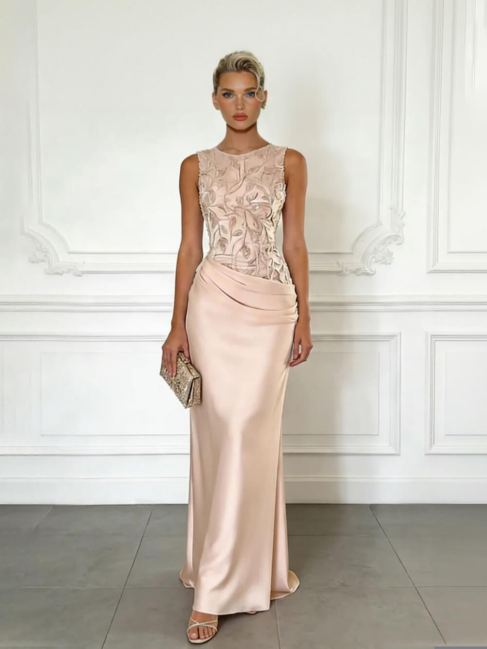 Elegant Yellow Embroidery Satin Crew Neck Sleeveless Sheath Maxi Dress