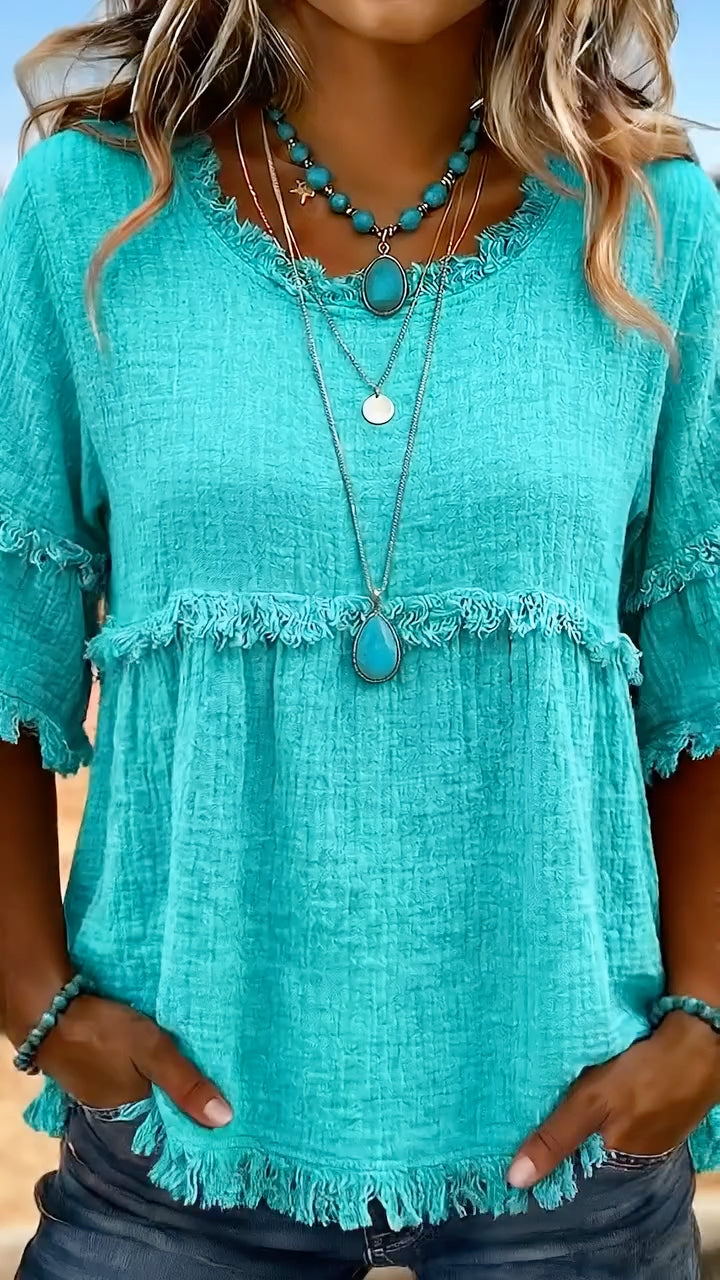 Women's Round Neck Casual Top With Frayed Edges