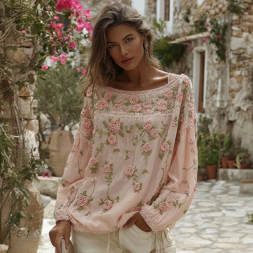 Women's Retro Floral Art Embroidery Cotton Linen Round Neck Long Sleeve T-shirt