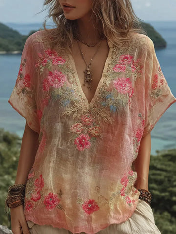 Women's Floral Embroidered Linen Blend T-shirt