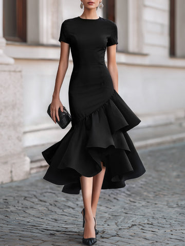 Asymmetrical Ruffle Hem Tailored Midi Dress