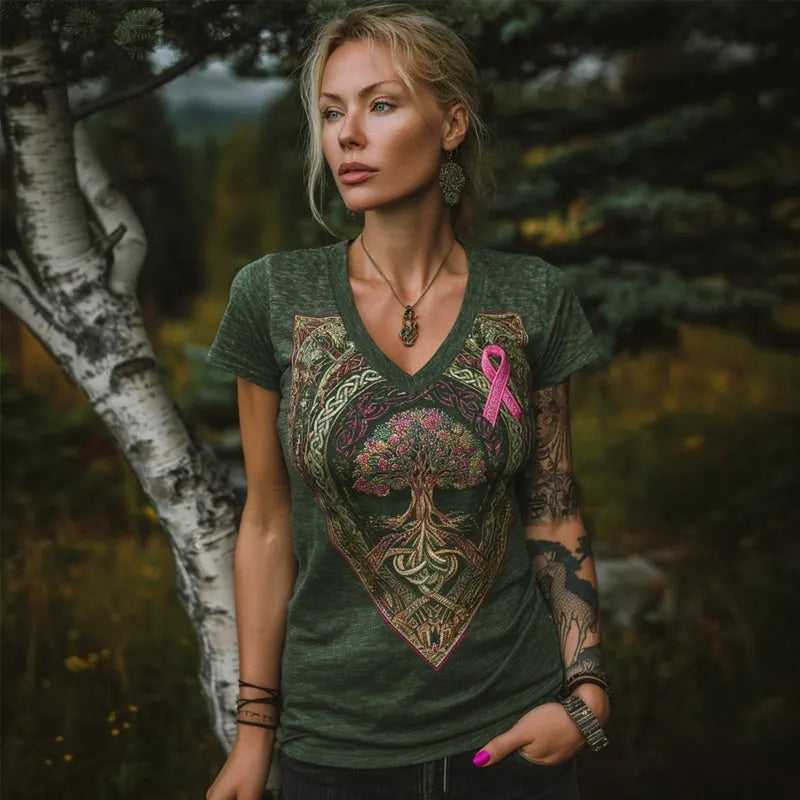 Celtic Tree Of Life & Pink Ribbon Embroidered Comfy T Shirt