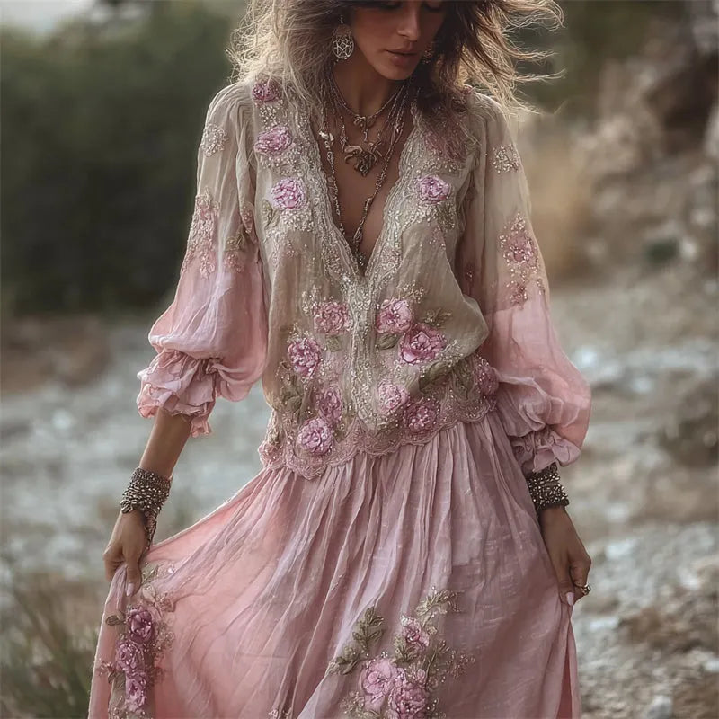 Boho Glitter Pink Roses Lace Gradient Flowy Linen Maxi Dress