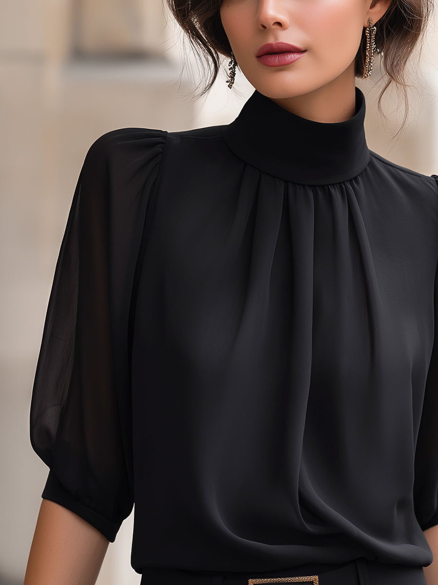 Mock Neck Chiffon Puff Sleeve Blouse
