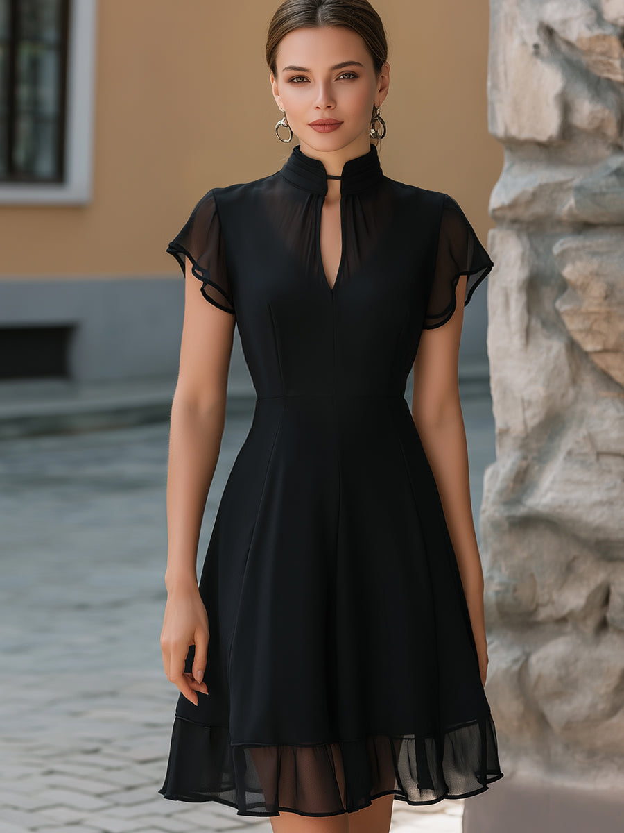 Chiffon Mandarin-Collar Flutter Sleeve A-Line Dress
