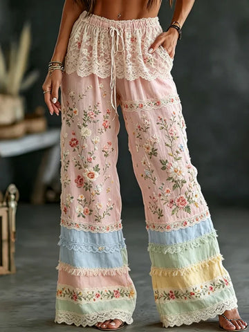 Women's Retro Floral And Lace Embroidery Patchwork Art Comfortable Linen Blend Casual Pants