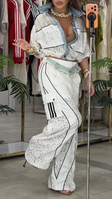 White Denim Patch Lace Two Piece Tracksuit