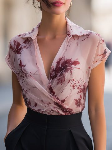 Floral Print Draped Wrap Collar Short Sleeve Blouse