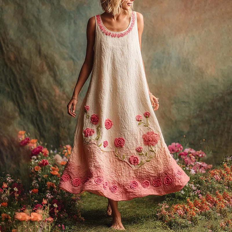 Pink Floral Embroidered Gradient Linen Tank Maxi Dress