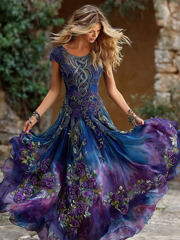 Women's Retro Viking Celtic And Floral Pattern Casual Dress