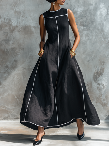 Women's Minimalist Linen-Blend Maxi Dress With Contrast Trim, Round Neck, And Sleeveless Design MDZ1516E0Y