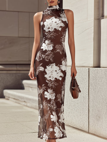 Elegant Brown White Ink Floral Print Mesh Sleeveless Maxi Dress