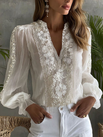 Women's Floral Embroidery Casual Linen Blend V-neck T-shirt