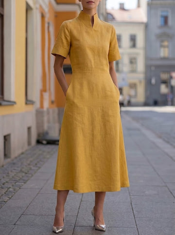 Stylish And Elegant Short-sleeved Linen And Cotton Dress