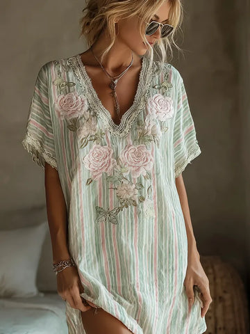 Butterfly Flower Embroidery Patchwork Striped Design Women's Summer Linen Dress