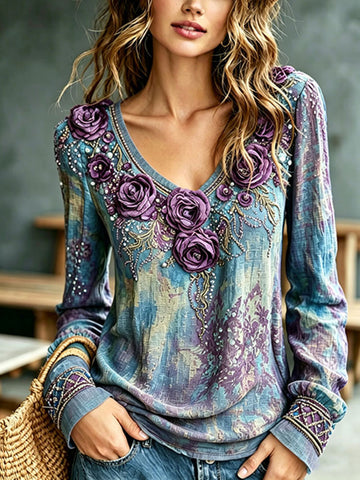 Women's Romantic Floral Art Linen Blend Long Sleeve Tops