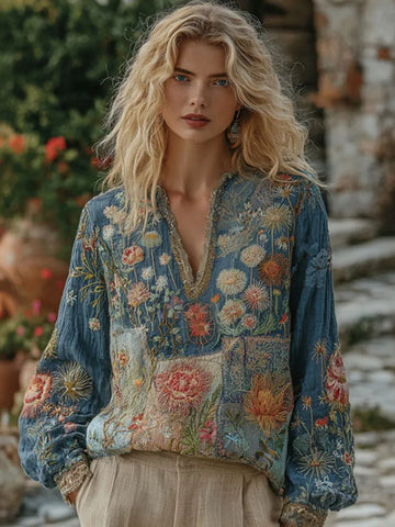 Women's Floral Embroidery Linen V-neck T-shirt